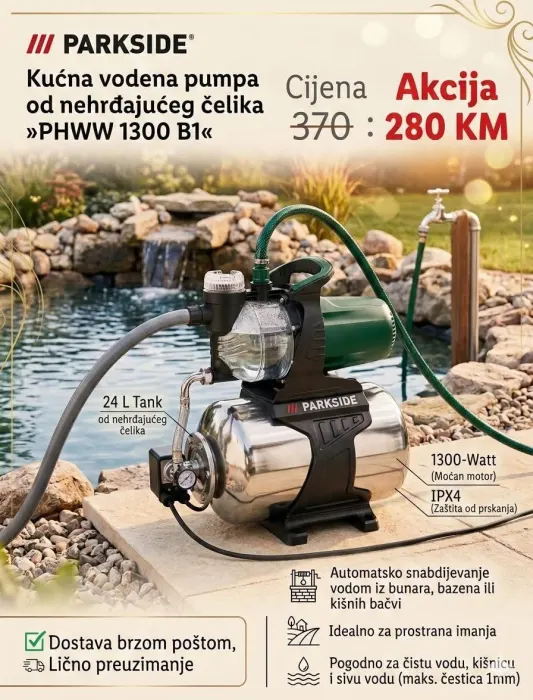 Slika oglasa SPARKSIDE® Kućna vodena pumpa od nehrđajućeg čelika »PHWW 1300 B1«, rezervoar od 24 litra